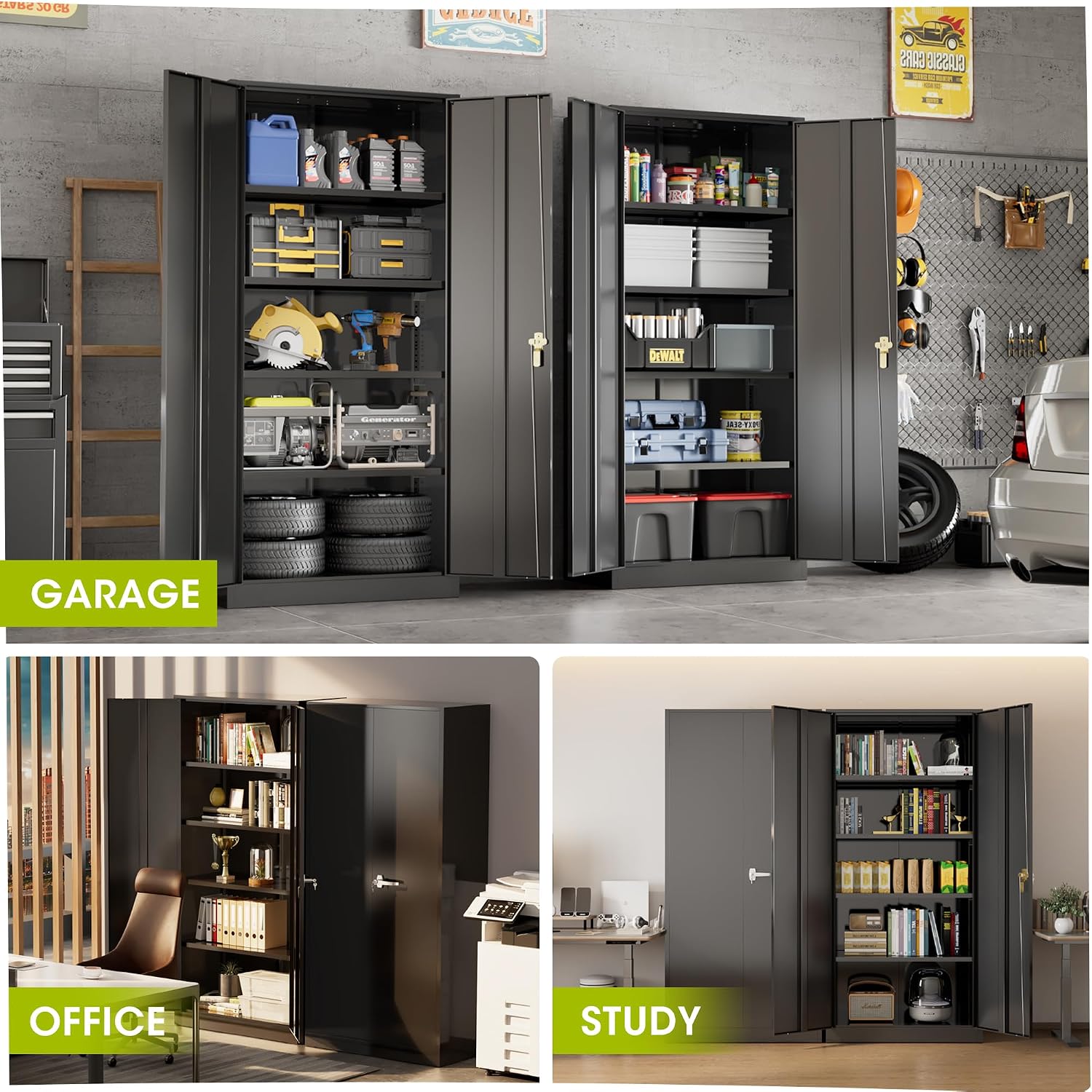 Greenvelly Metal Lockable Storage Cabinet, 72' Tall Storage Cabinet with 2 Doors and 4 Adjustable Shelves for Office, Home, Garage, Pantry (Assembly Required, 18'D, Black)
