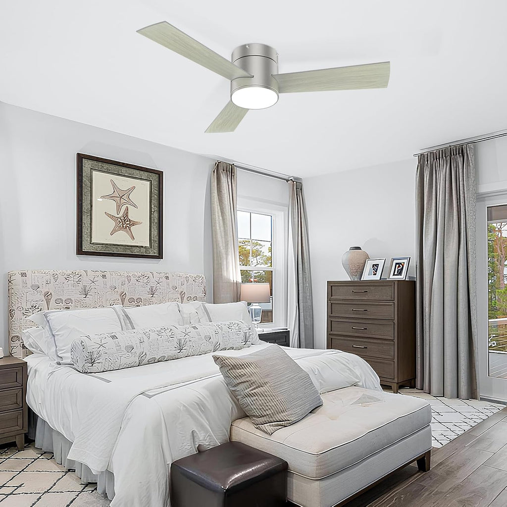 GESUM 42 Inch Ceiling Fan with Lights, Flush Mount Ceiling Fans with Remote Control, Dimmable, 3CCT, Reversible, Nickel Bedroom Ceiling Fans with 3 Blades for Patios Bedroom Kitchen Porch (Nickel)