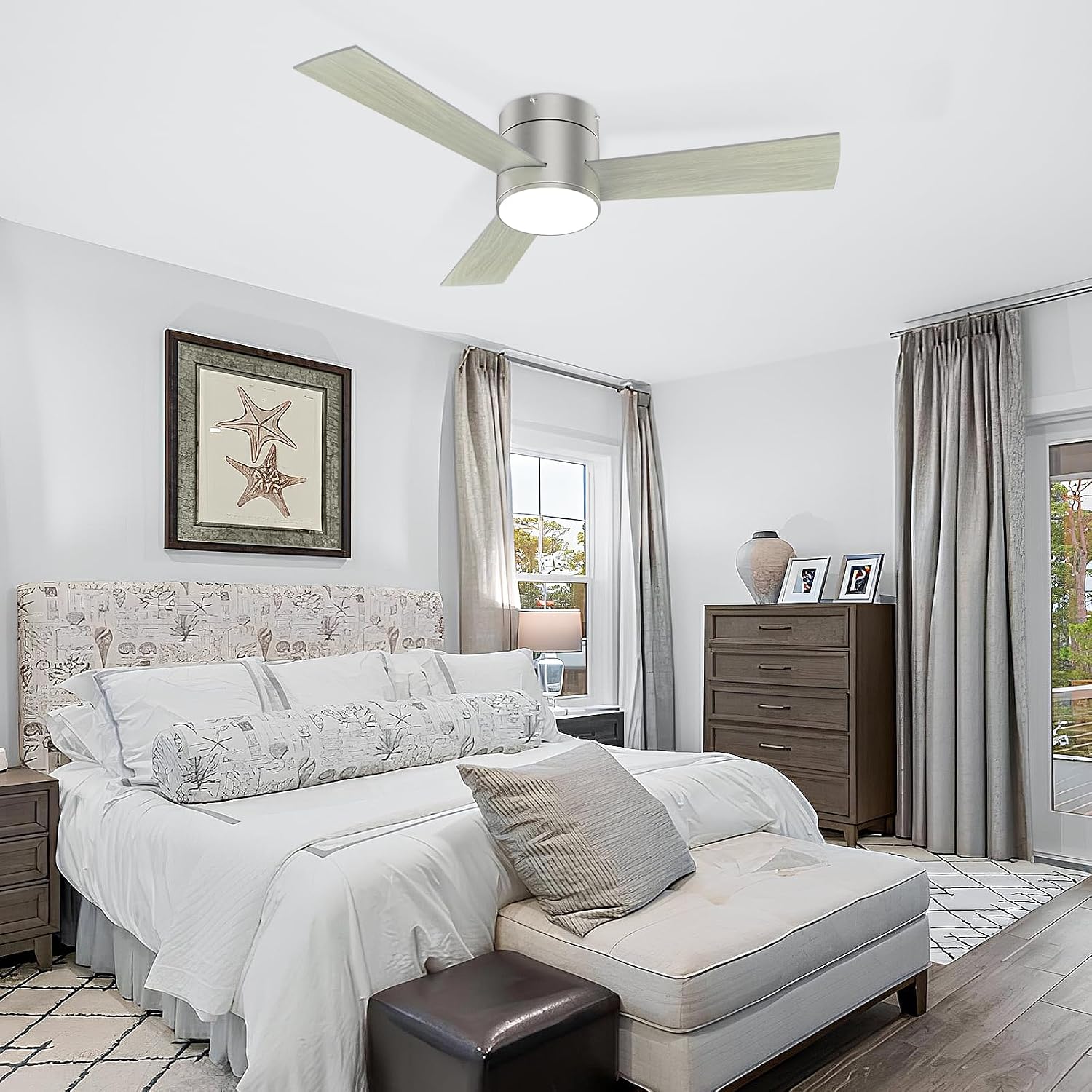 GESUM 42 Inch Ceiling Fan with Lights, Flush Mount Ceiling Fans with Remote Control, Dimmable, 3CCT, Reversible, Nickel Bedroom Ceiling Fans with 3 Blades for Patios Bedroom Kitchen Porch (Nickel)