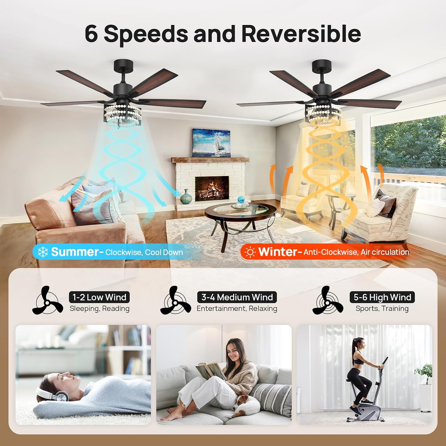 Consciot Boho Ceiling Fans with Lights Remote 52 Inch, Farmhouse Caged Ceiling Fan, 5 Double Finish Wood Blades, Reversible DC Motor, Rustic Ceiling Fan for Living Rooms, Bedrooms, Porch, Boho Decor