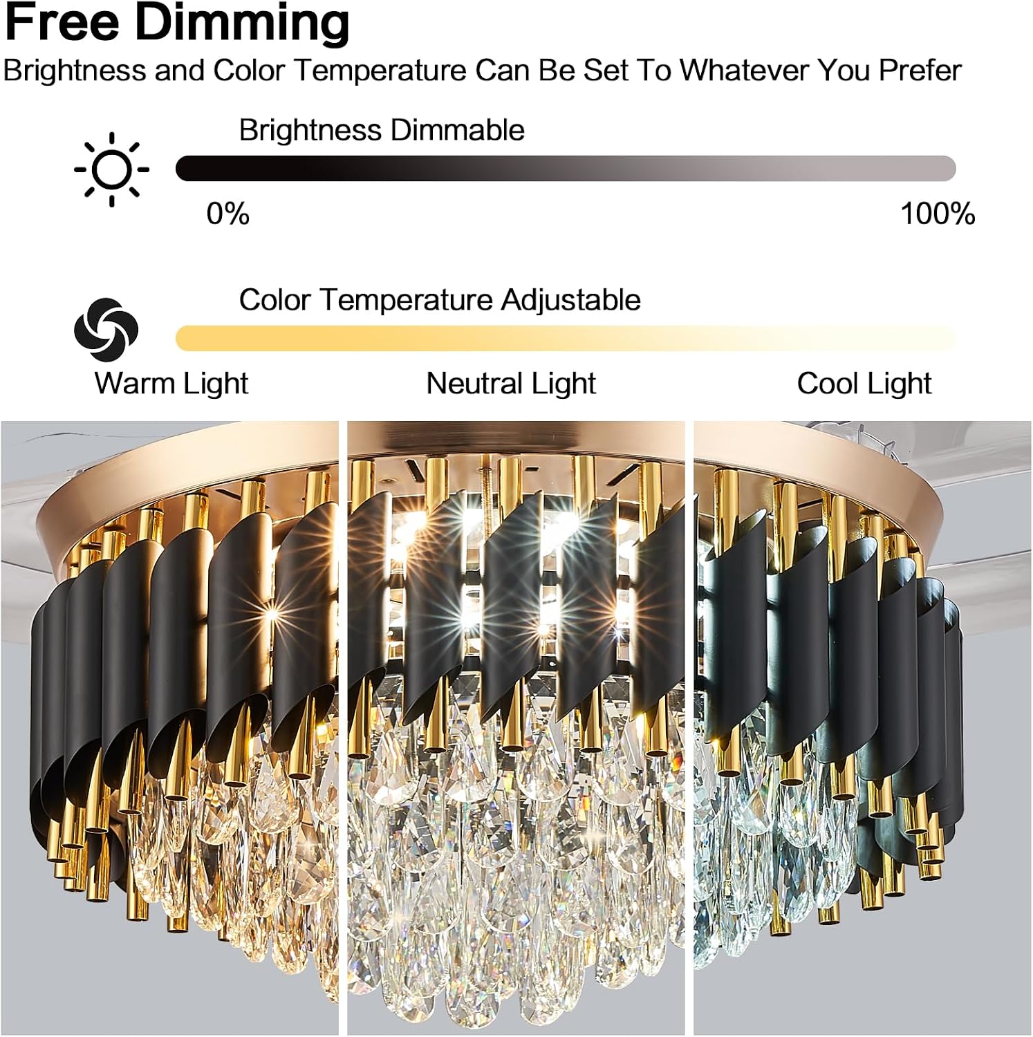 48' Dimmable Black and Gold Crystal Chandelier with Fan, Gold Fandelier Ceiling Fans with Lights and Remote Modern Retractable Blade Ceiling Fans for Dinning Room Living Room Kitchen
