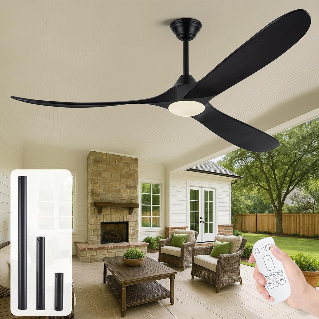 70 Inch Black Outdoor Ceiling Fan with Lights, Damp Rated for Patio Porch, High CFM Quiet DC Motor, 3 Solid Wood Propeller Blades, Modern Rustic Farmhouse Style, for Large Living Room Commercial Use