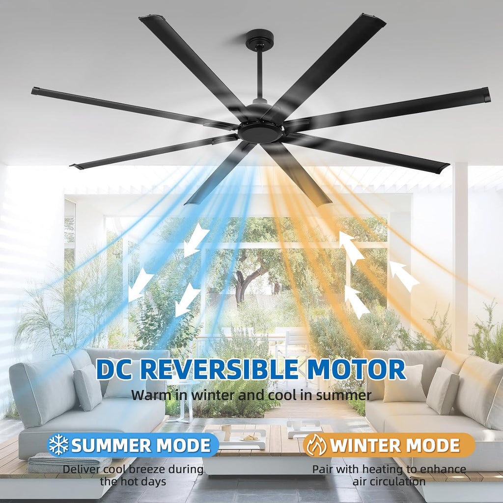 YYEHON 96 Inch Large Industrial Ceiling Fan no Lights, Reversible DC Motor, 3 Downrods, 6 Speed Remote Control, 8 Aluminum Blades, Outdoor Black Fans for Shop/Gym/Warehouse/Garage