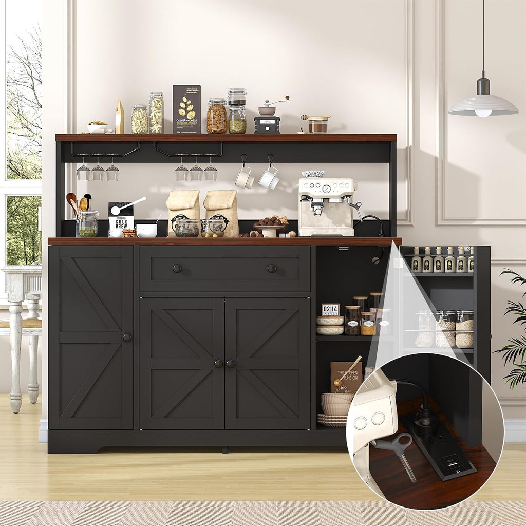 VVFLU Hutch Storage Buffet Cabinet with Drawers, and Charging Station, Coffee Bar Cabinet with Barn Doors, Wine Rack and Hooks, White Wood Sideboard Buffet for Kitchen, Dining Room, 47.8' High