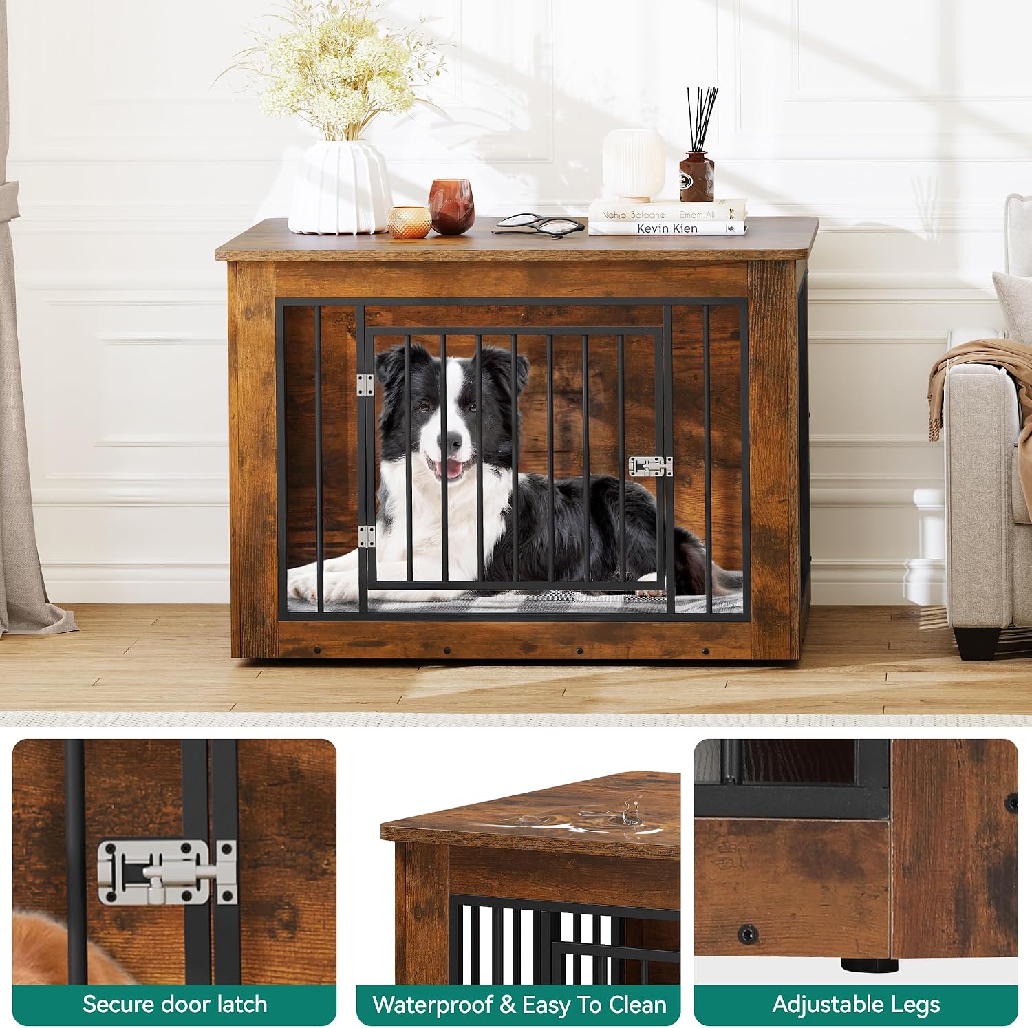 YITAHOME Dog Crate Furniture for Large Dogs, Side End Table, Modern Dogs Kennel Indoor up to 60 lb, 2-in-1 Iron-Wood Fusion Dog Cage with Waterproof Top, Safety Corners, Steel Lock,38'L, Rustic Brown