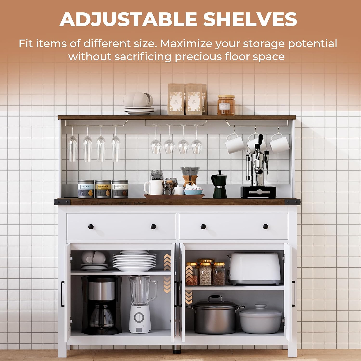VVFLU Hutch Storage Cabinet Buffet with Drawers, and Charging Station, Coffee Bar Cabinet with Barn Doors, Wine Rack and Hooks, Countertop, Long Farmhouse, White, for Kitchen, Dining Room, 54.1' High