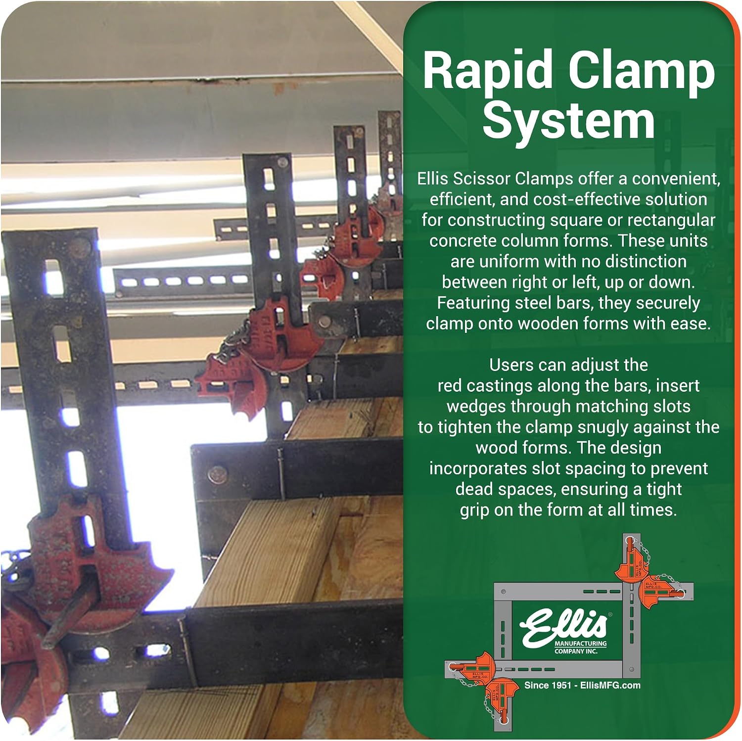 Ellis Manufacturing Company Scissor Column Forming Clamps - Clamp Set for Carpentry & Construction - Net Concrete 10' - 24' - Bar Size 3/8' x 2' x 38'