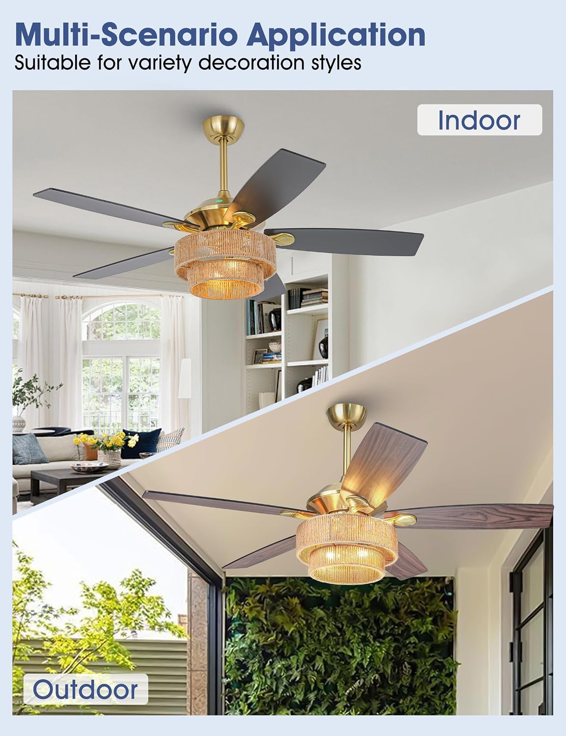 Parrot Uncle Ceiling Fans with Lights and Remote, 52 Inch Farmhouse Rustic Ceiling Fan for Bedroom, Chandelier Outdoor Ceiling Fans with Reversible 5 Blades, Black/Wood Grain, Woven Drum Shade