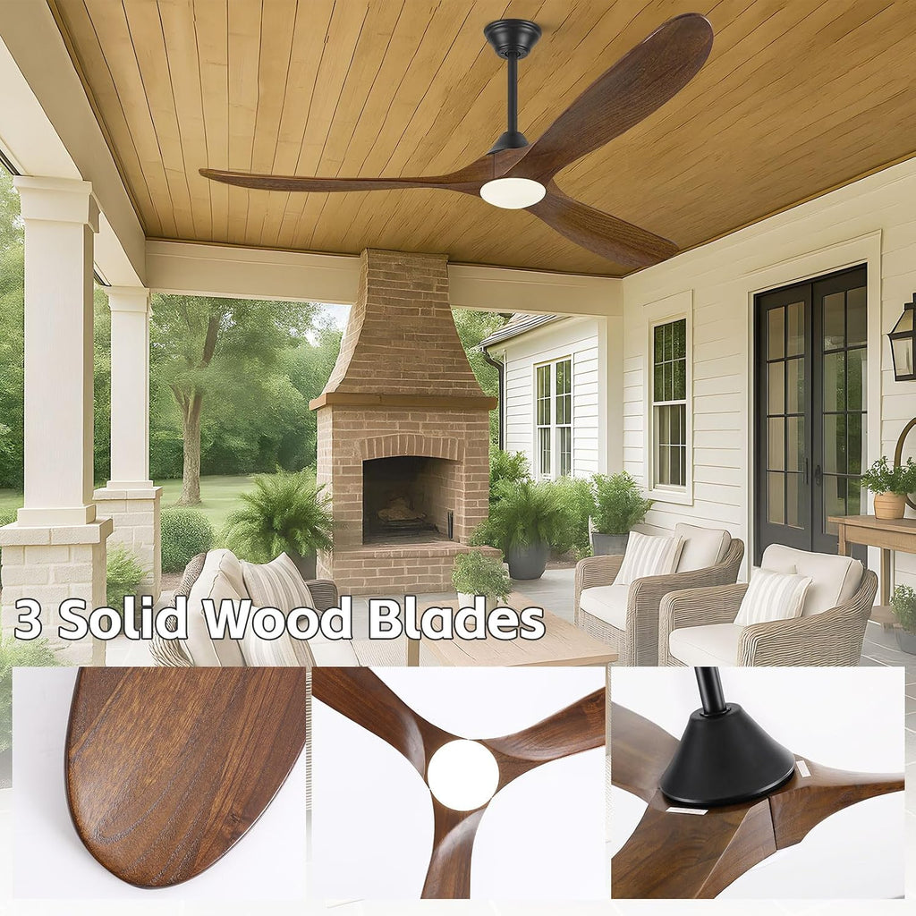 60 Inch Wood Farmhouse Ceiling Fan with Lights and Remote, 3 Propeller Solid Walnut Blades, Rustic Outdoor Ceiling Fans for Patio Damp Rated, Large Airflow Quiet Reversible DC Motor, for Indoor Room