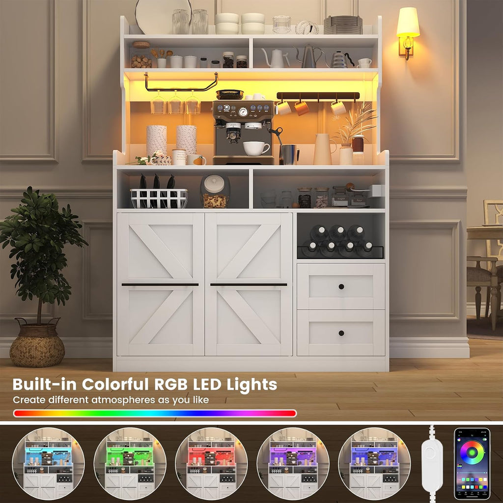 VVFLU Hutch Storage Buffet Cabinet with Drawers, and Charging Station, Coffee Bar Cabinet with Barn Doors, Wine Rack and Hooks, White Wood Sideboard Buffet for Kitchen, Dining Room, 54.5' High