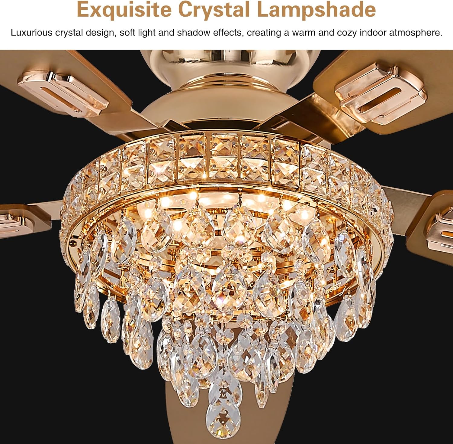 Crystal Ceiling Fan Fandelier with Lights-Ceiling Fans with Lights,50' Low Profile and Remote Control, Flush Mount, Reversible, Dimmable, Noiseless,Gold Ceiling Fan for Bedroom