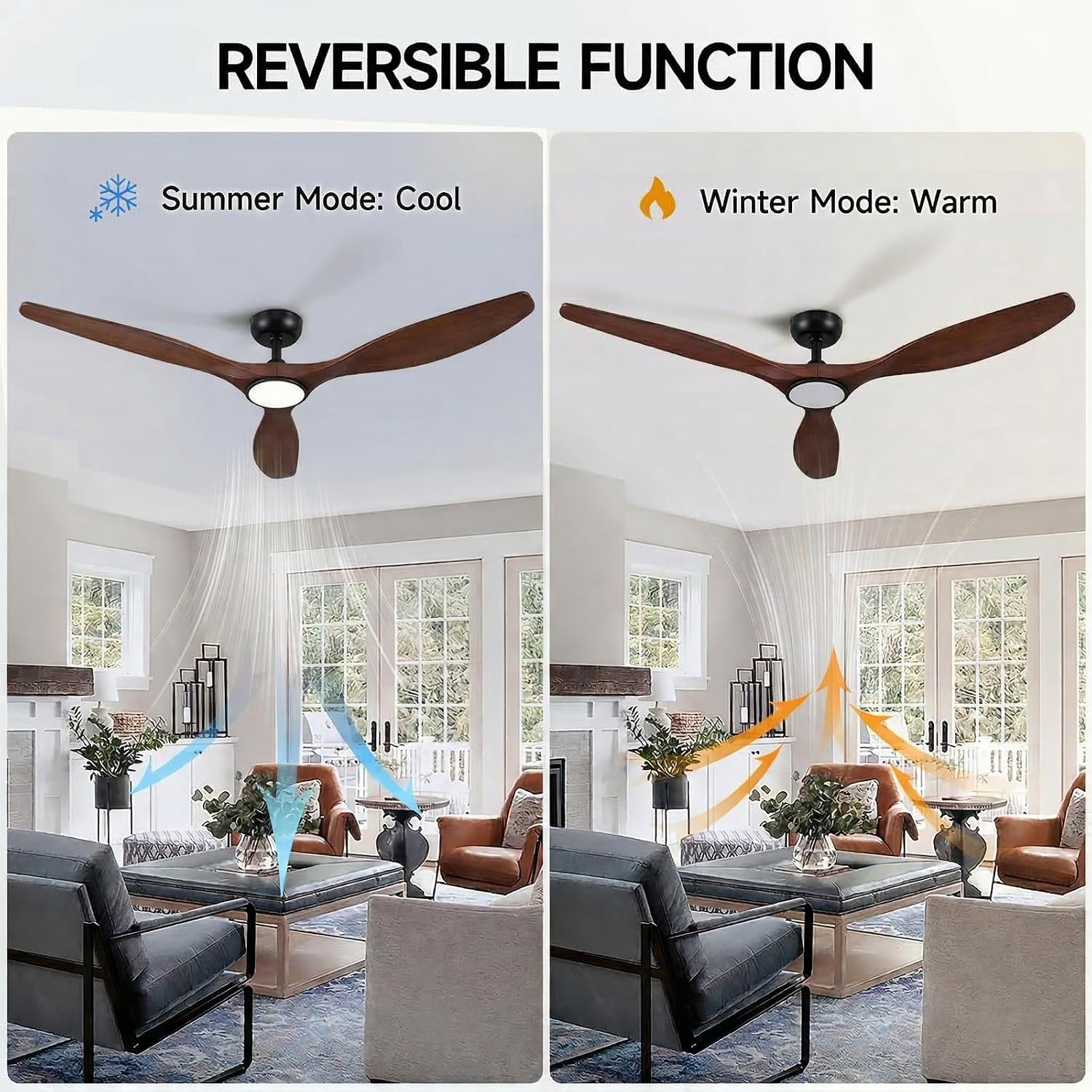 Skylike 52' Wood Outdoor Ceiling Fan with Lights, Propeller Farmhouse Ceiling Fan and Remote Control, 3 Blade Dark Walnut Ceiling Fan for Patio,Porch, Gazebo, Bedroom