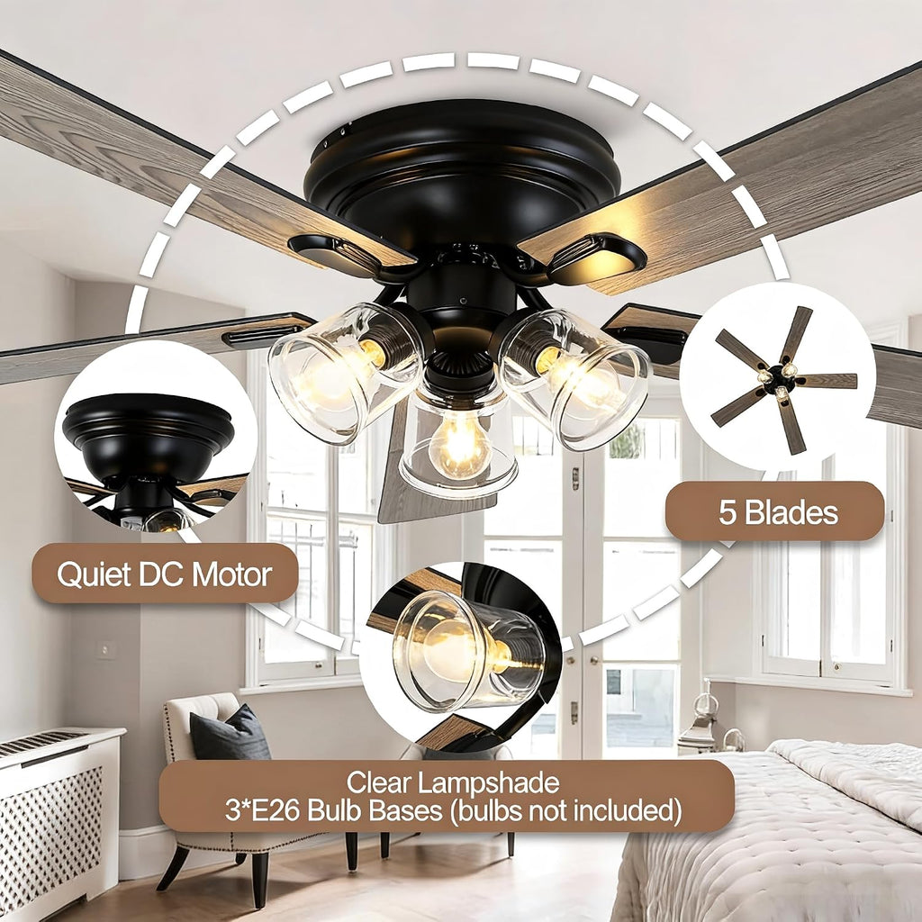 52 Inch Vintage Ceiling Fan with Lights and Remote, Flush Mount Farmhouse Ceiling Fan Rustic Fandelier 3-Lights Chandelier for Bedroom Living Room Dining Room, 5 Reversible Blades 6 Speeds