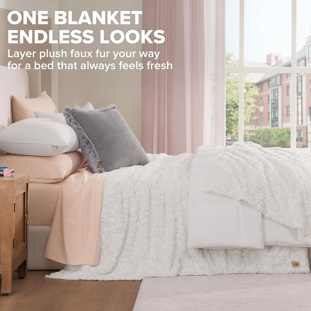 UGG Adalee Faux Fur King Blanket, Double-Sided Fluffy Blanket, Cozy Oversized Throw for Couch, Washable Bedding for California King Bed, Luxury Home Decor, 110' x 90', Natural White