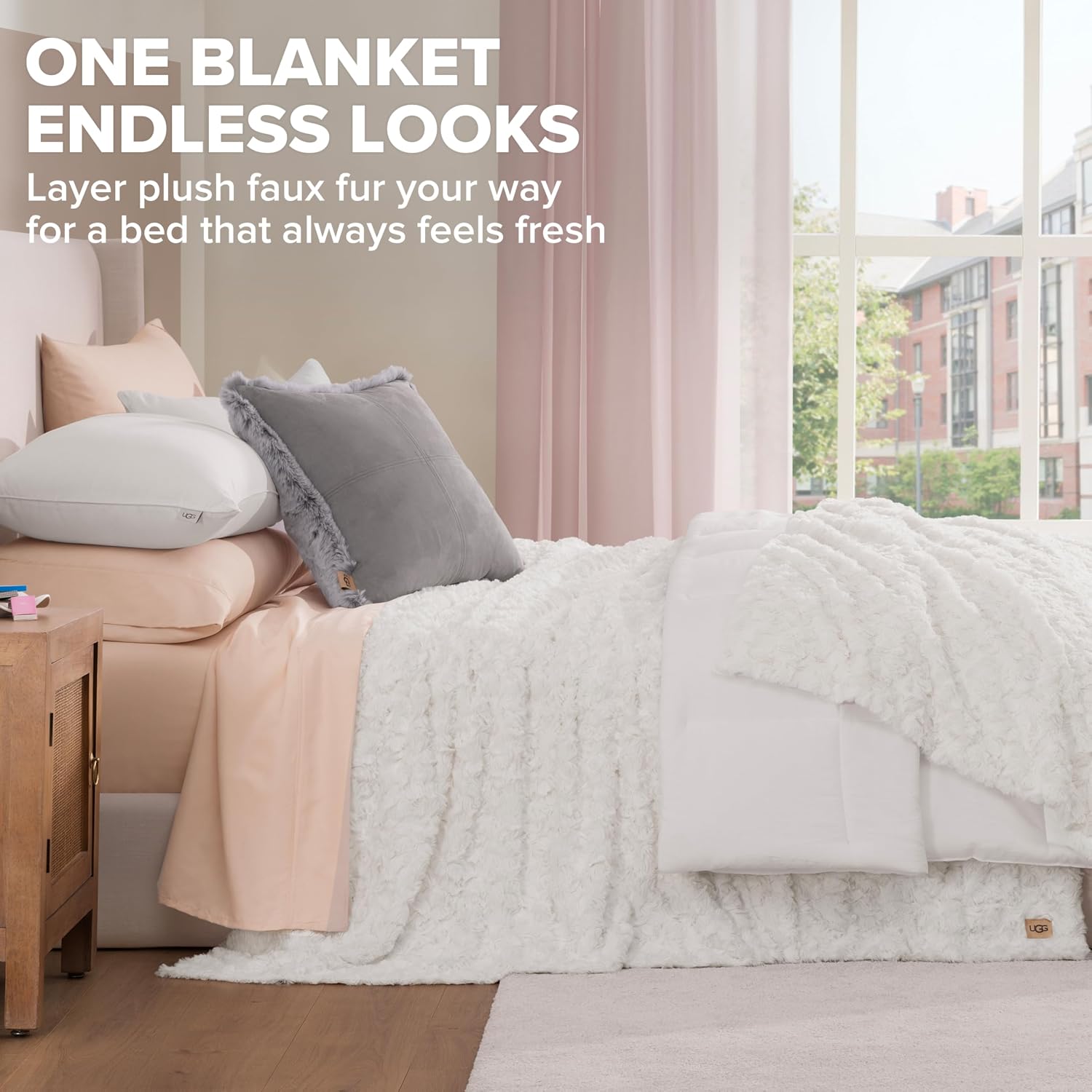 UGG Adalee Faux Fur Full/Queen Blanket for Bed, Soft Fuzzy Blanket, Warm Large Throw for Couch, Washable Full or Queen Bedding, Luxury Bedroom Decor, 90' x 90', Natural White