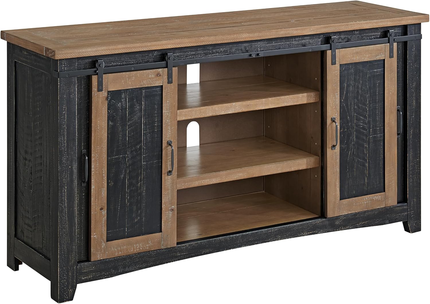 Martin Svensson Home 65' Solid Pine Wood Entertainment Center with Storage. Rustic TV Stand for TVs up to 70.' Sliding Doors, Adjustable Shelves & Cable Management – Black and Driftwood Finish