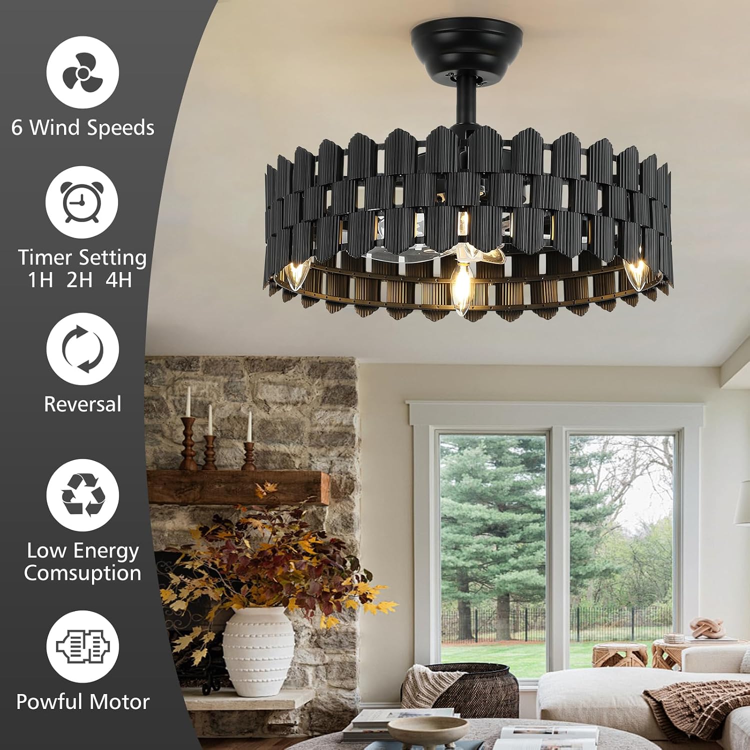 20 Inch Black Caged Ceiling Fan, Black Fandelier Ceiling Fan with Light with 6-Speed Motor, Ceiling Fans with Lights and Remote for Bedroom, Living Room, Dining Room