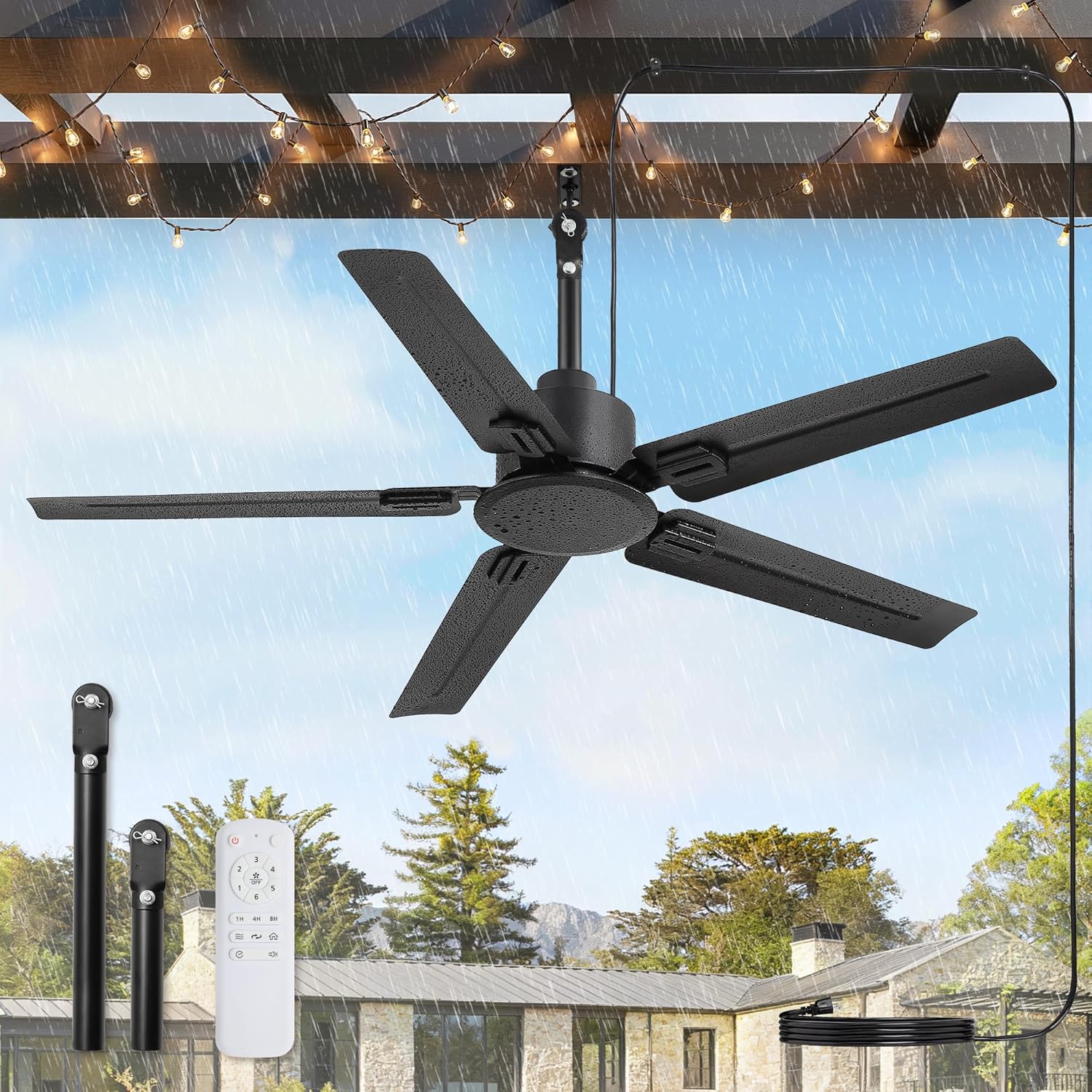 Fanbulous 48'' Outdoor Ceiling Fan No Light,IP65 Wet Rated Waterproof Ceiling Fan with Remote, 6-Speed DC Motor, Farmhouse Gazebo Fan for Porch Patios Pavilion(Black)