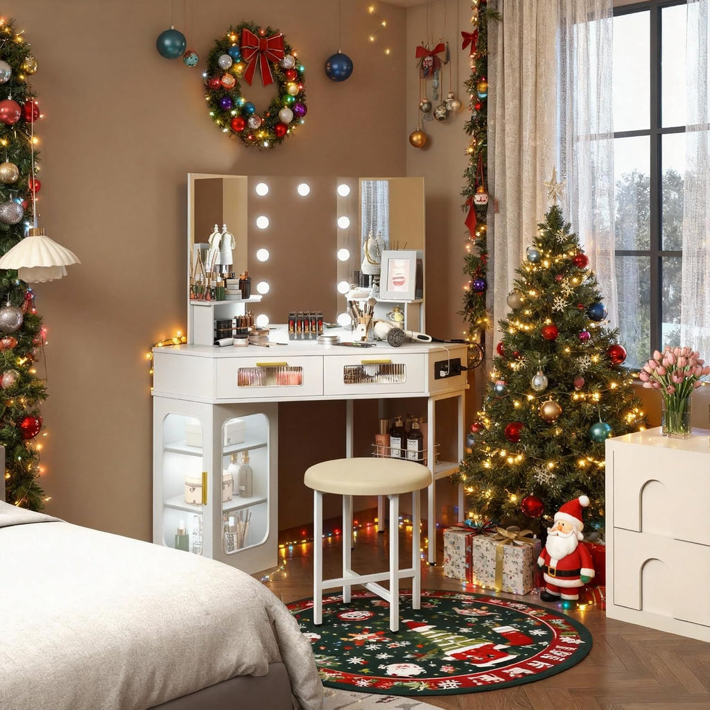 Lareth Corner Vanity Desk with 3 Way Mirror and Lights, Modern Makeup Vanity with Charging Station, Stool, 45.5' Large Bedroom Dressing Table with 2 Drawers & Shelves, Gifts for Girls Women, White