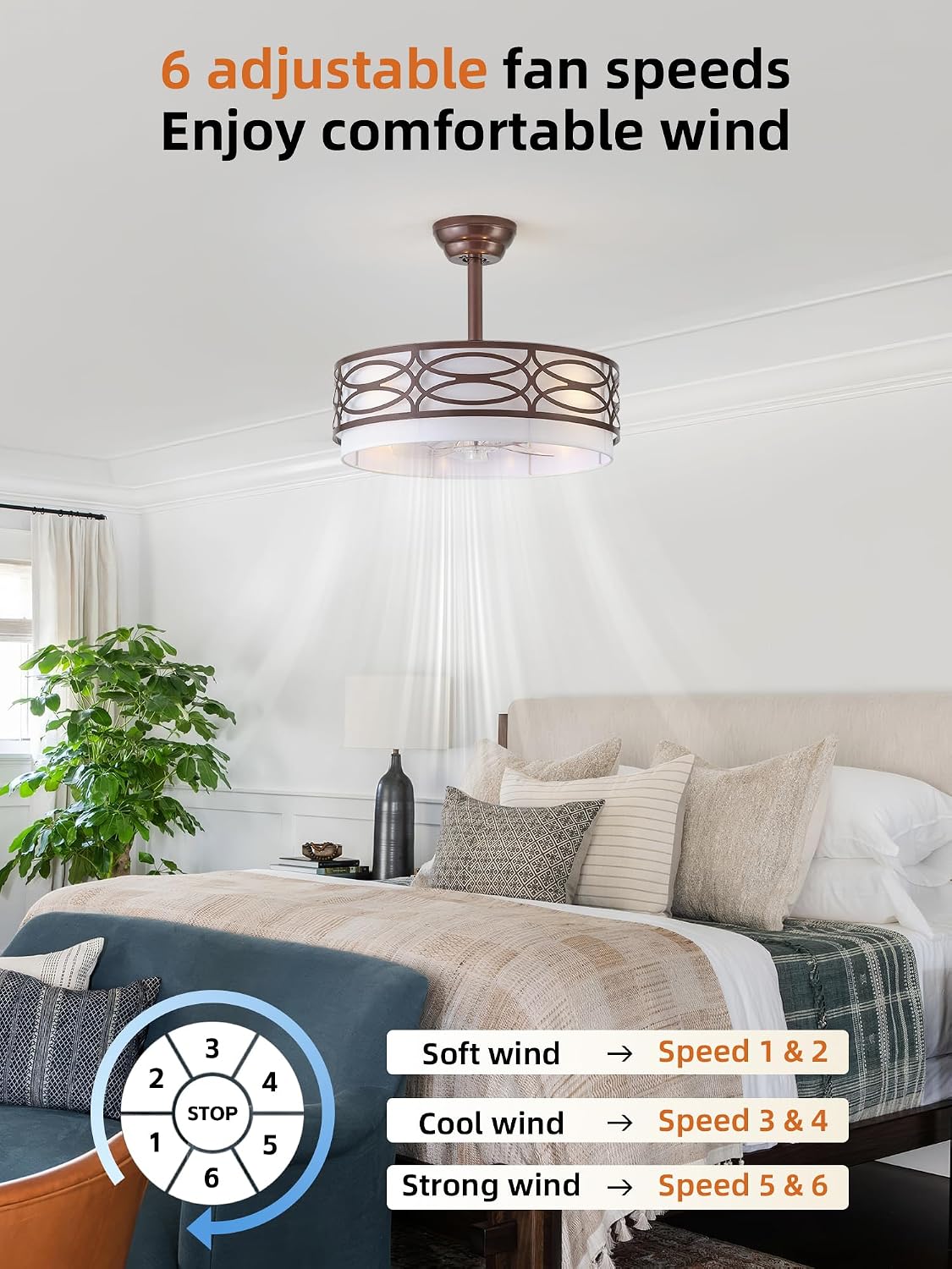 20' Brown Farmhouse Ceiling Fan with Light, Caged Fandelier Ceiling Fans with Lights Remote Control with 6 Speeds for Bedroom, Living Room, Nursery
