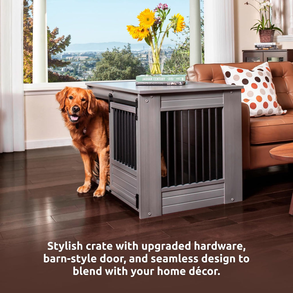 New Age Pet ECOFLEX Barn Door Dog Crate & End Table, Indoor Furniture Style Kennel for Medium & Large Dogs, Durable, Non Toxic Composite, Espresso Black, Large