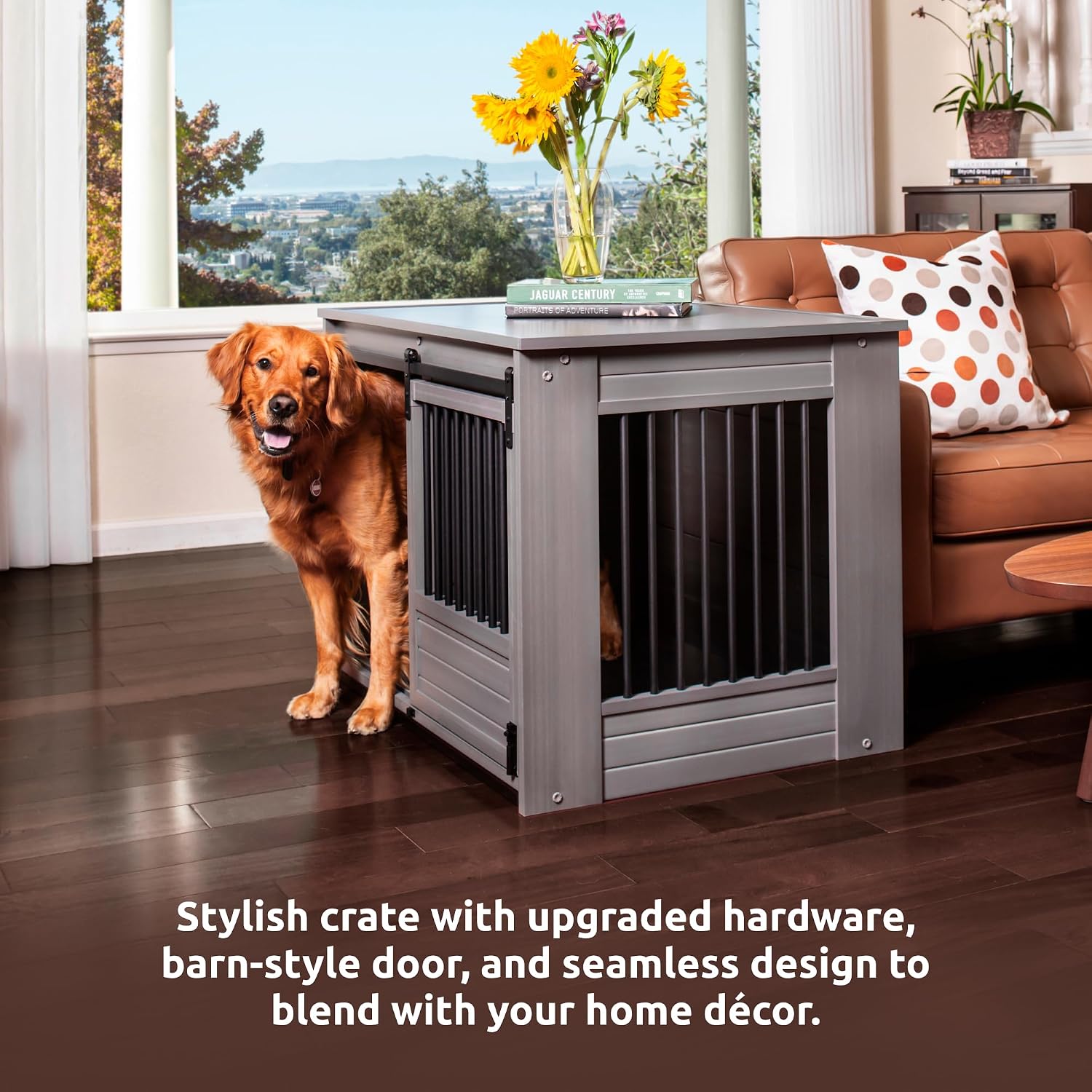 New Age Pet ECOFLEX Barn Door Dog Crate & End Table, Indoor Furniture Style Kennel for Medium & Large Dogs, Durable, Non Toxic Composite, Espresso Black, Large