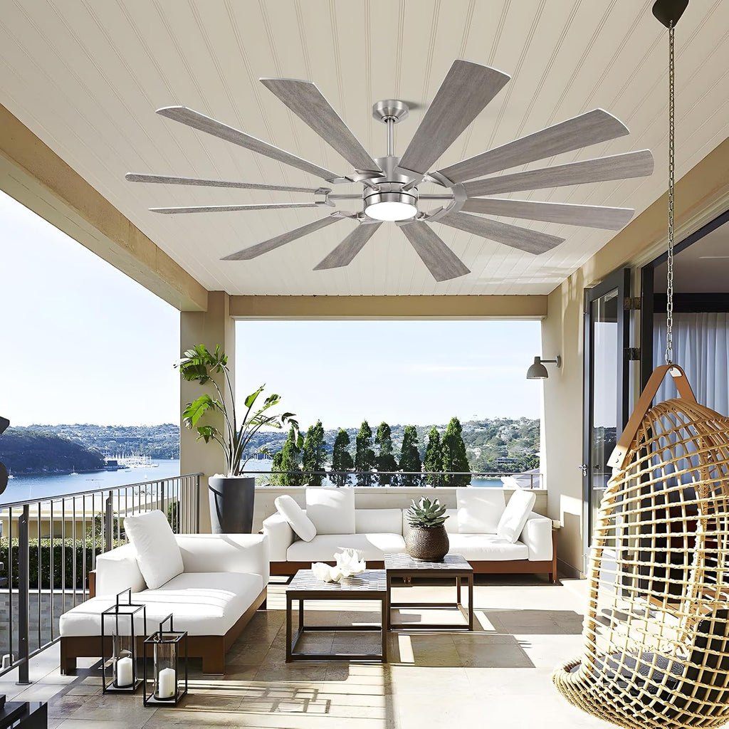 72'' Farmhouse Ceiling Fan with Light,12 Dual-Finish Wind Mill Blades, 3 Downrods, 6-Speed Reversible DC Motor, High CFM, 3CCT, Indoor Outdoor Modern Industrial Fans for Patio Commercial Shop Garage