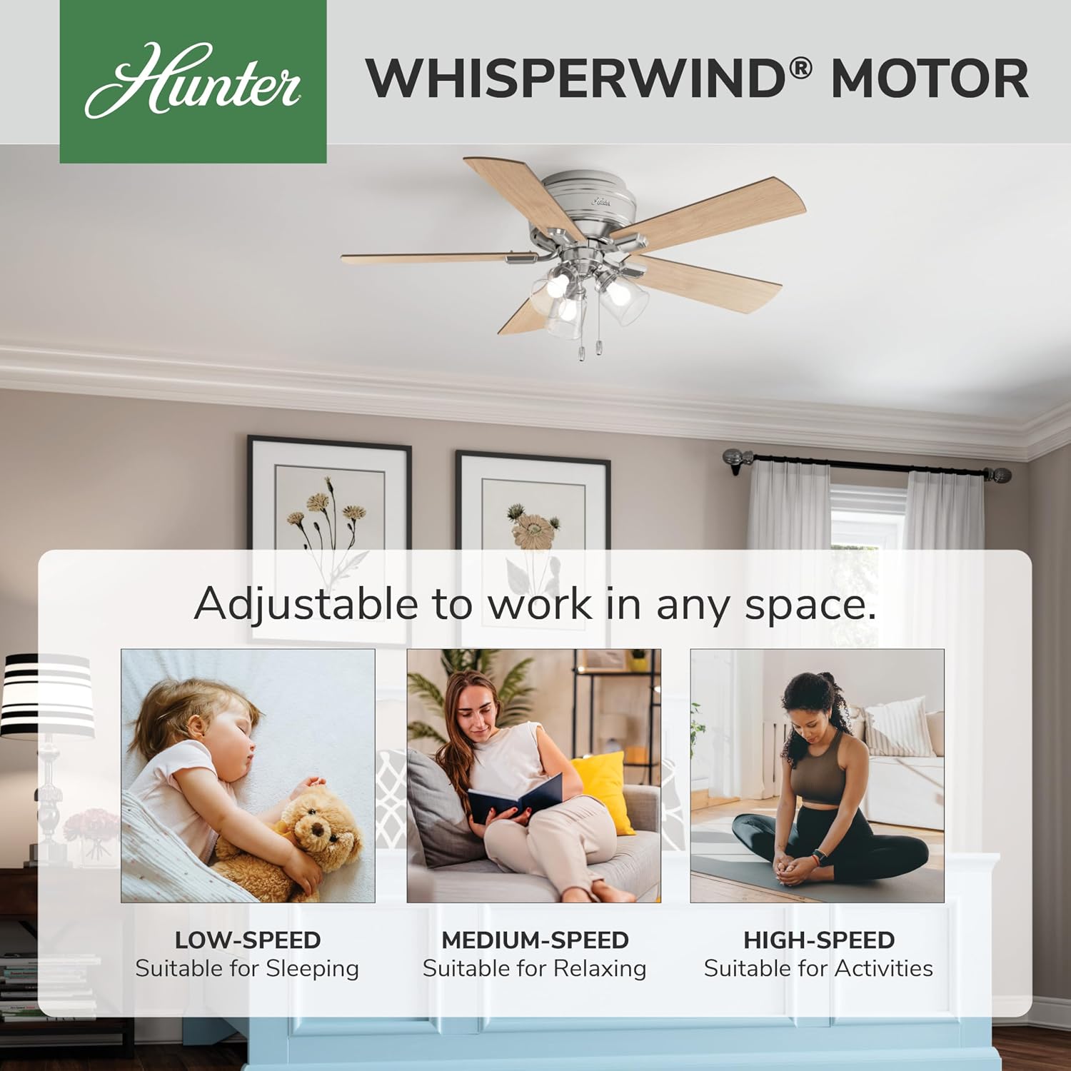 Hunter 52 inch Indoor Ceiling Fan with LED Lights and Pull Chain - Low Profile Flush Mount Ceiling Fan, 5 Blades, For Bedroom, Living Room, or Kitchen, Quiet - Crestfield 54209, Brushed Nickel