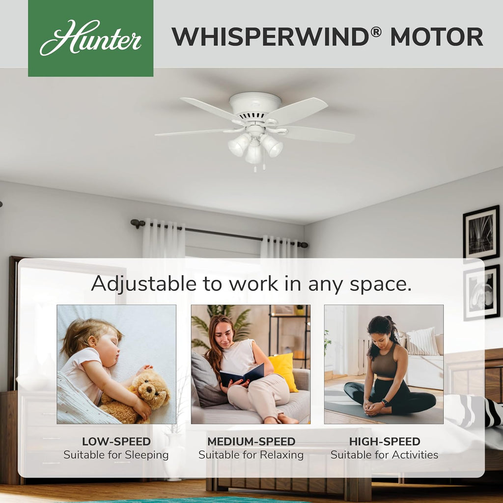 Hunter 52 inch Indoor Ceiling Fan with LED Lights - White Ceiling Fan with Pull Chain, For Bedroom, Living Room, or Kitchen, Low Profile Flush Mount, No Remote, 5 Blades - Builder 53326, Snow White