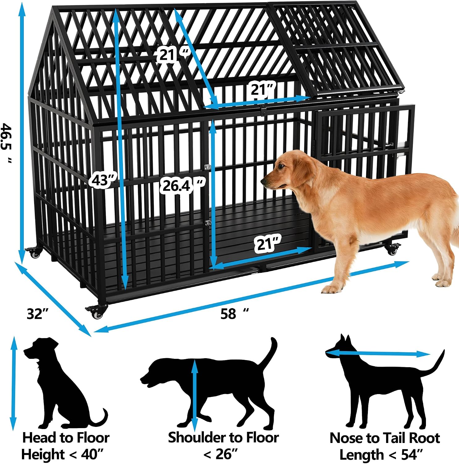 58 inch Heavy Duty Dog Crate Cage Kennel Escape-Proof for Large Dogs, High Anxiety Dog Crate with Removable Trays and Wheels, Extra Large XL XXL