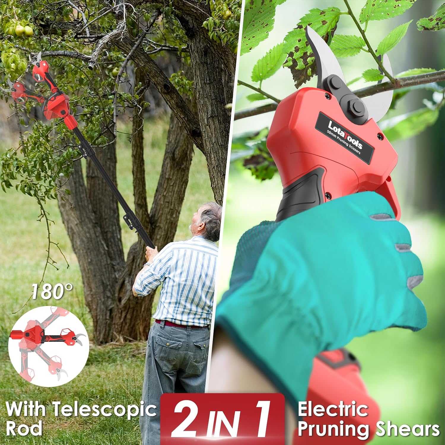 Electric Pruning Shears with Telescopic Rod, 50mm 1.96' Cutting Diameter Cordless Pruner with 2 Rechargeable Batteries, Tree Branch Cutter with SK7 Blade for Gardening Pruning