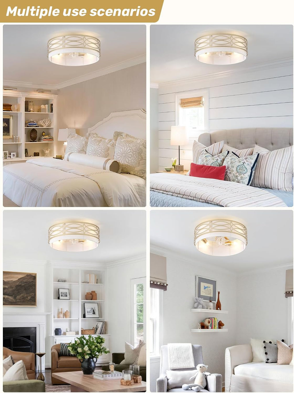20' Gold Flush Mount Ceiling Fan with Light, Caged Boho Ceiling Fan with Lights Remote Control with 6 Speeds for Bedroom, Living Room, Nursery