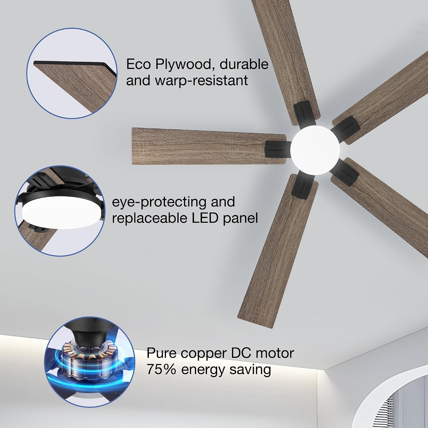 52 Inch Ceiling Fans with Lights,Smart Low Profile Ceiling Fan with Light and Remote Control,Alexa,APP,Black Flush Mount Ceiling Fans for Bedroom,Patio,Porch,Outdoor Indoor Use,5 Blades,Dimmable,Quiet