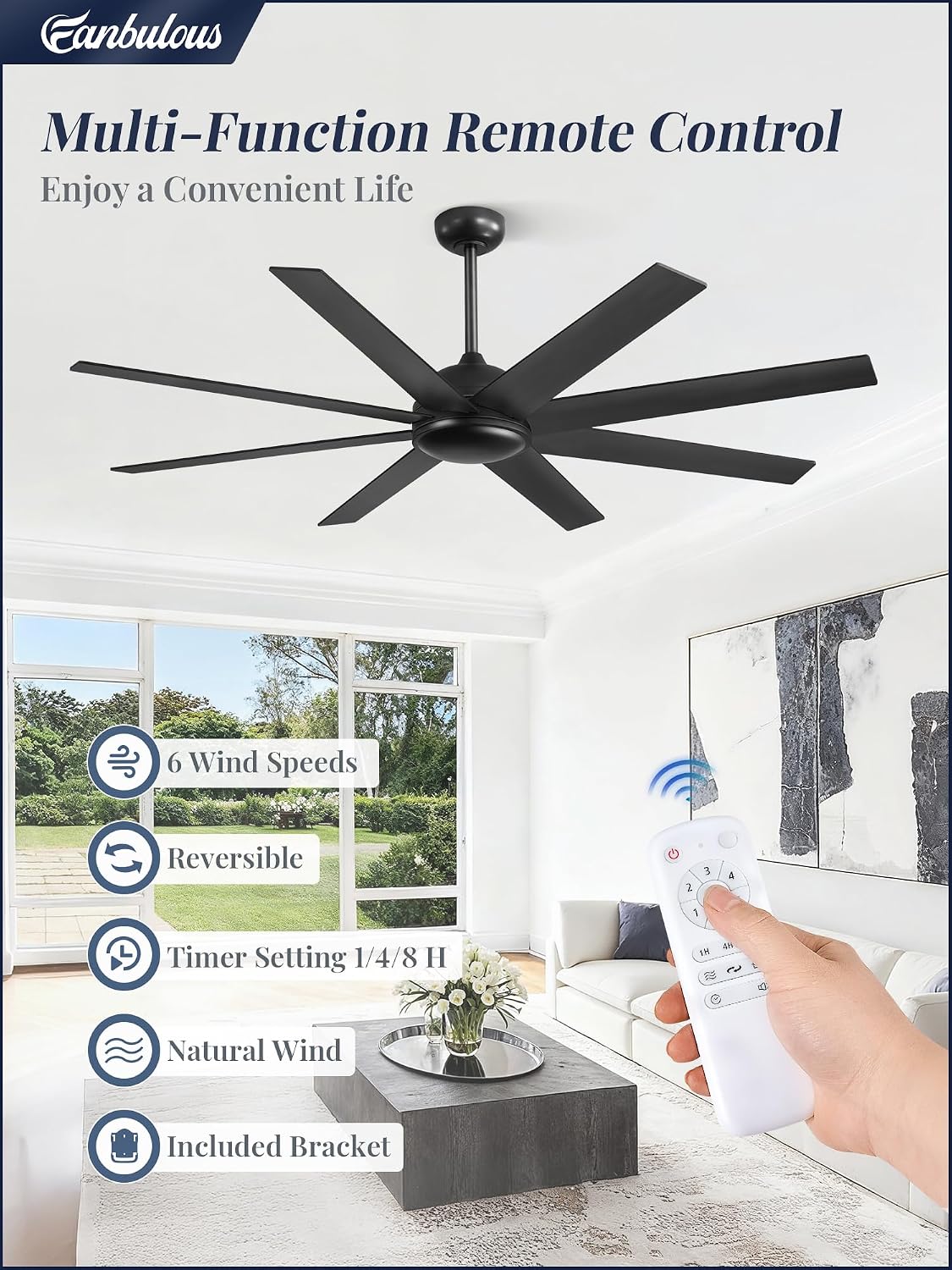 Fanbulous 62 Inch Large Ceiling Fan no Light, Ceiling Fan Black with Remote, 6-Speeds, Quiet Reversible DC Motor, 8 Blades, Indoor/Outdoor Modern Ceiling Fans for Living Room, Garage, Patio