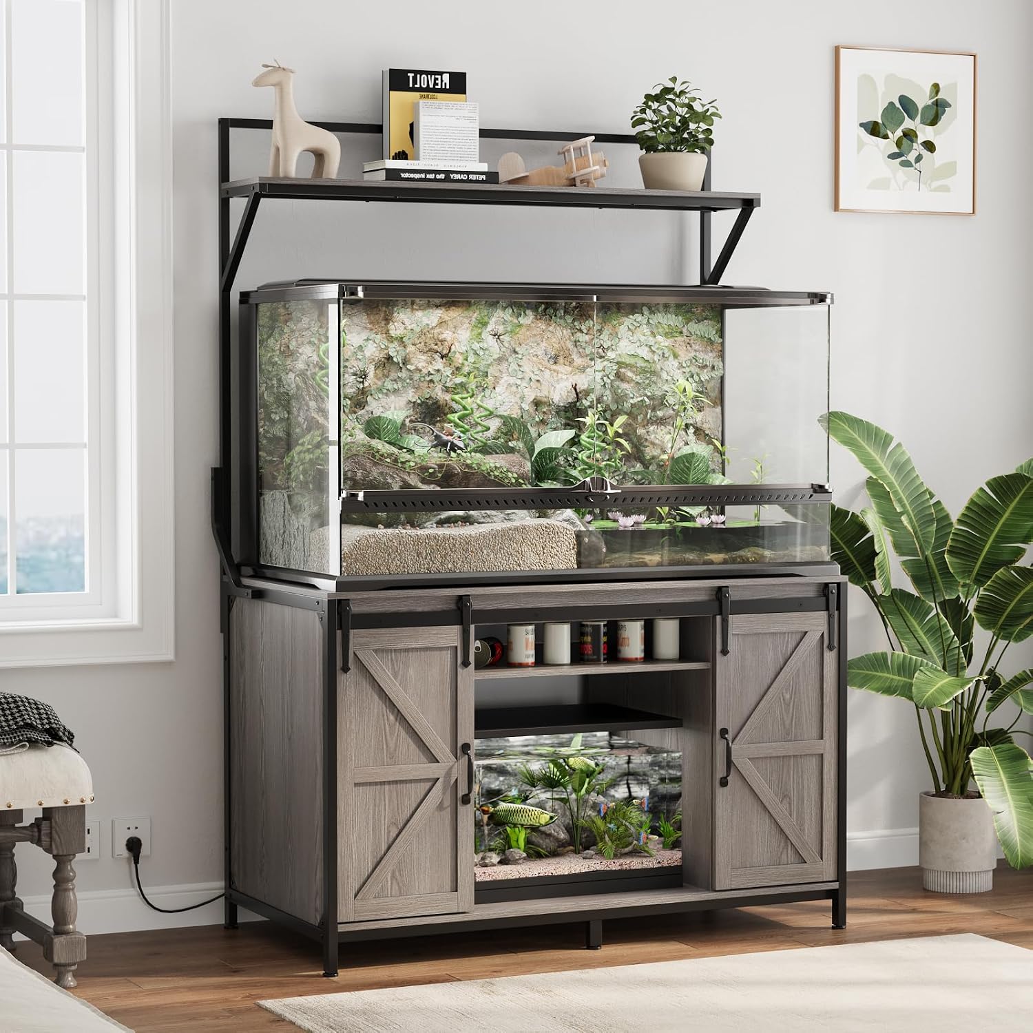 VOWNER Farmhouse Reptile Tank Stand with Power Outlet, 48' X 24' Tabletop Fits up to 120 Gallon Bearded Dragon Tank, Heavy Duty Aquarium Stand with Storage Cabinet, Reptile Turtle Terrarium Stand Grey
