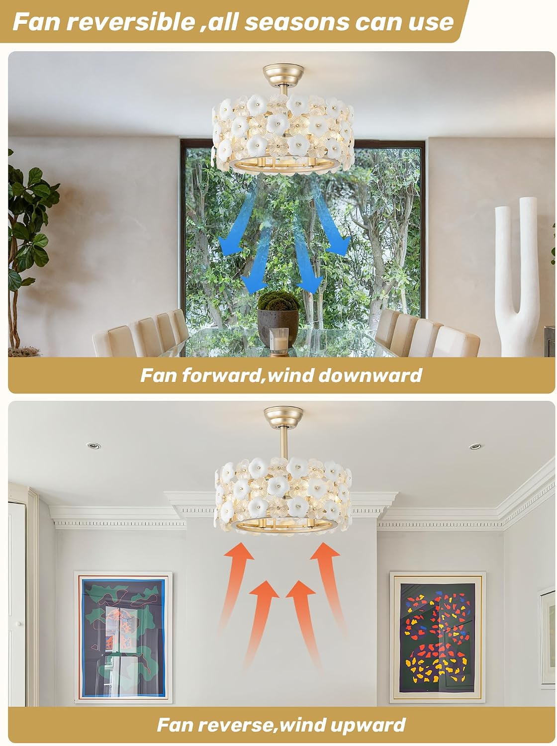 20' Gold Flower Crystal Fandelier Ceiling Fan with Light, Gold Crystal Chandelier Ceiling Fans Remote Control, Caged 6 Speeds for Bedroom, Living Room, Nursery