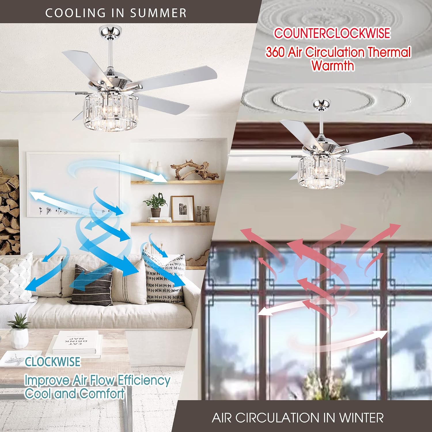 Parrot Uncle Ceiling Fans with Lights and Remote 52 Inch Ceiling Fan with Light for Bedroom Crystal Chandelier Outdoor Ceiling Fans for Patios Covered, Silver