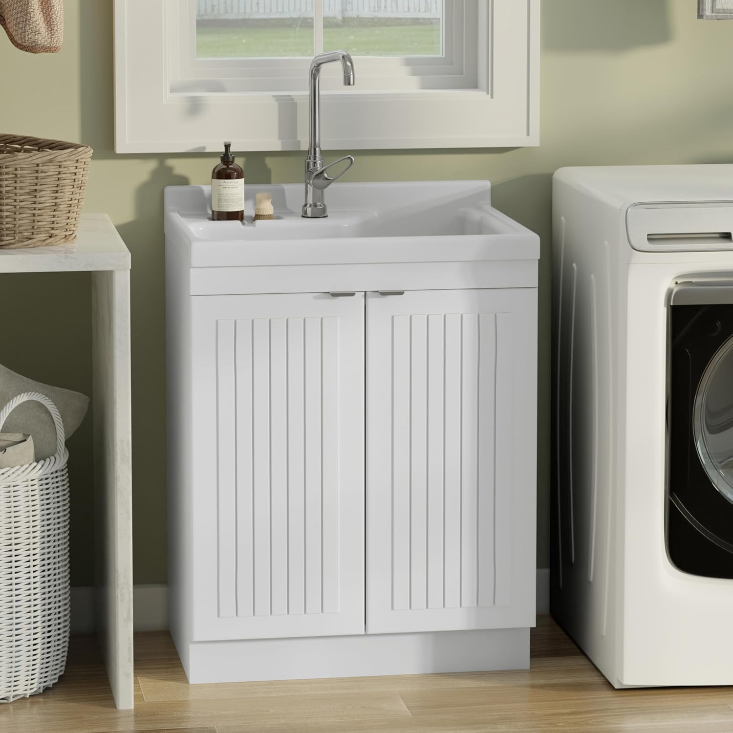 SIMPLIHOME Murphy All-in-One 28 inch Wide Utility Sink and Laundry Cabinet in Pure White Finish, Transitional ABS Sink Cabinet for Laundry Rooms with High-Arch Chrome Faucet and Pull-Out Spray
