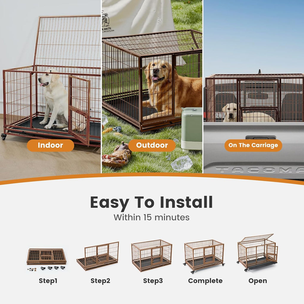 Gardner Pet 43 Inch Heavy Duty Dog Crate with Wheels, Folding Metal Dog Cage for Small/Medium and Large Dogs, Indestructible Dog Crate with Removable Tray (Brown)