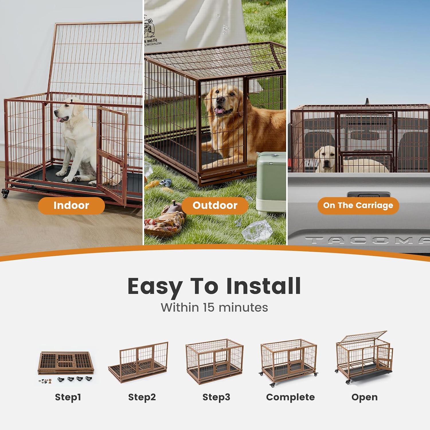 Gardner Pet 43 Inch Heavy Duty Dog Crate with Wheels, Folding Metal Dog Cage for Small/Medium and Large Dogs, Indestructible Dog Crate with Removable Tray (Brown)