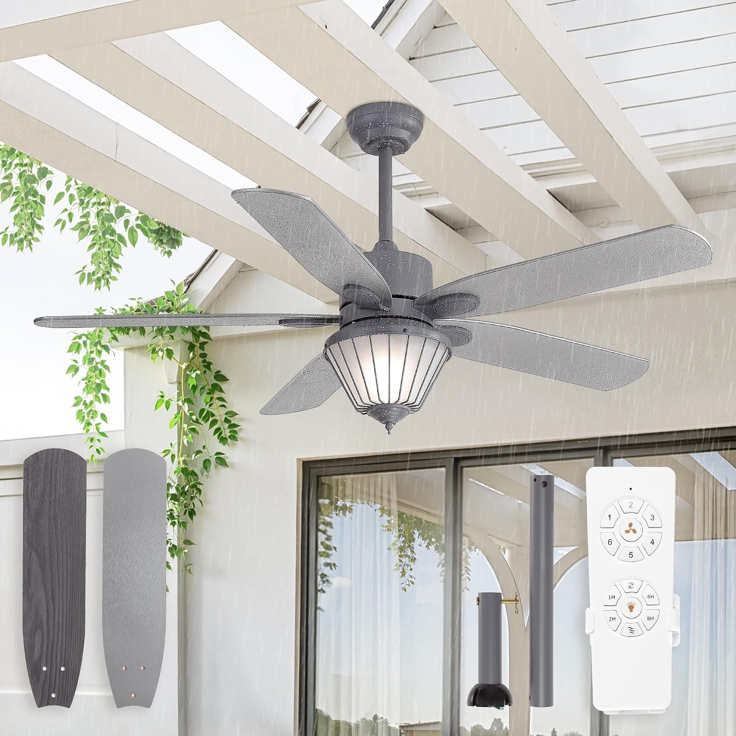 52 Inch Waterproof Outdoor Ceiling Fan with Lights, IP65 Waterproof, Remote Control, 6-Speed Quiet DC Motor, 5 Dual Finish Blades, Farmhouse Ceiling Fan for Patios Porch Pavilion (Gray)