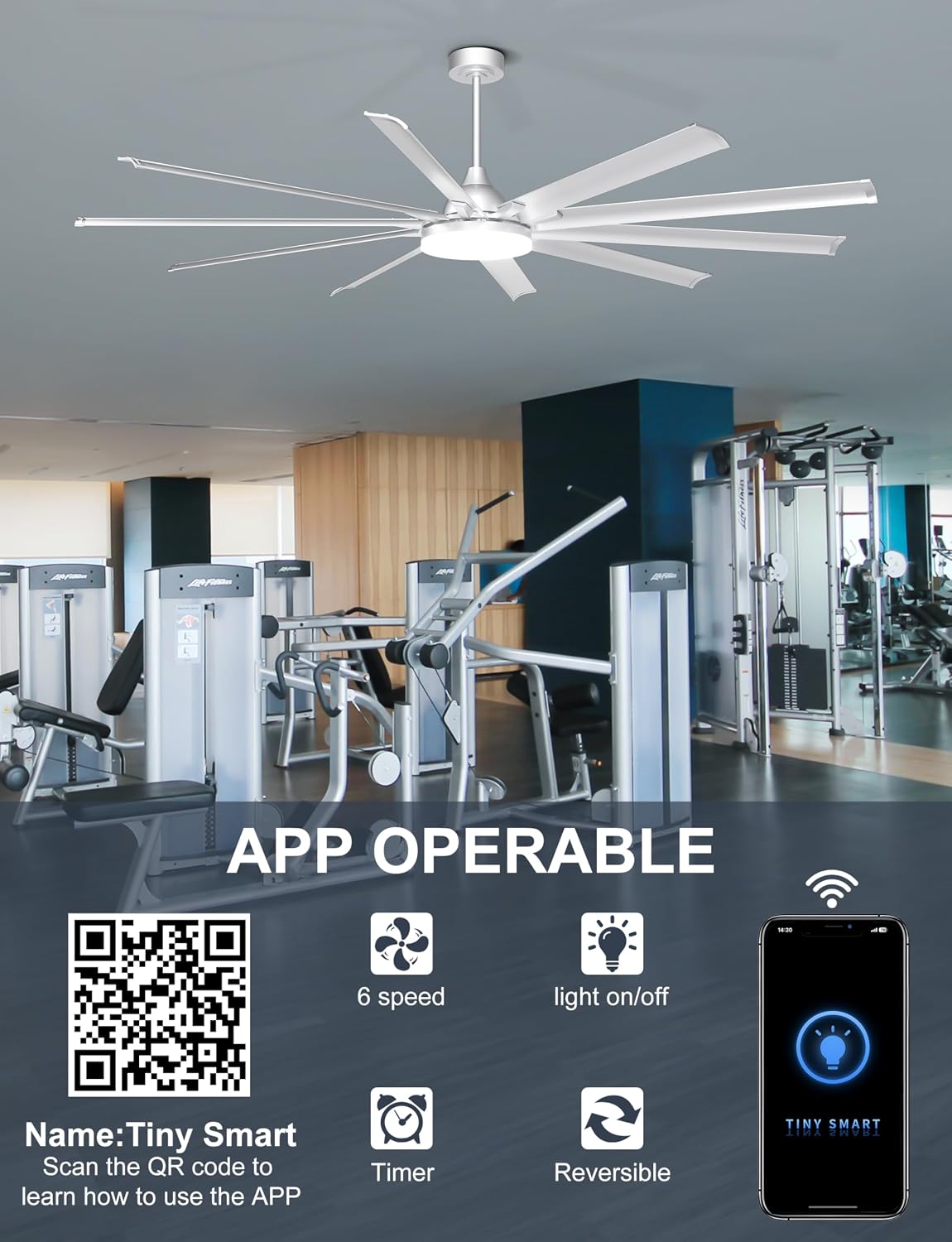 Ohniyou 96'' Industrial Ceiling Fan with Bright Lights - Remote/APP Control, High CFM, Large Ceiling Fan for Shop, Covered Outdoor, Great Room, Silver
