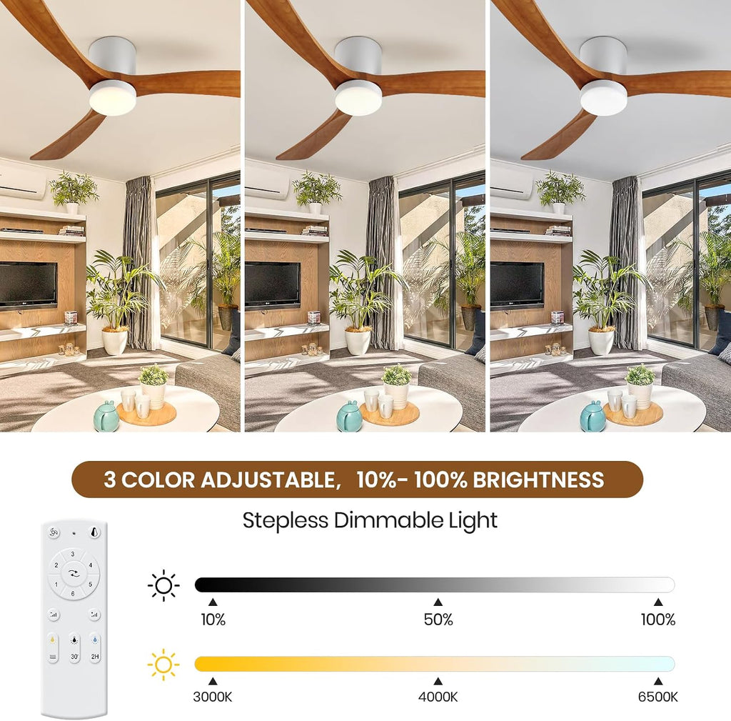GESUM Ceiling Fan With Light, 52' Flush Mount Ceiling Fan with 3 Wood Blades, Reversible,Dimmable, for Living Room Kitchen Bedroom(White+Wood)