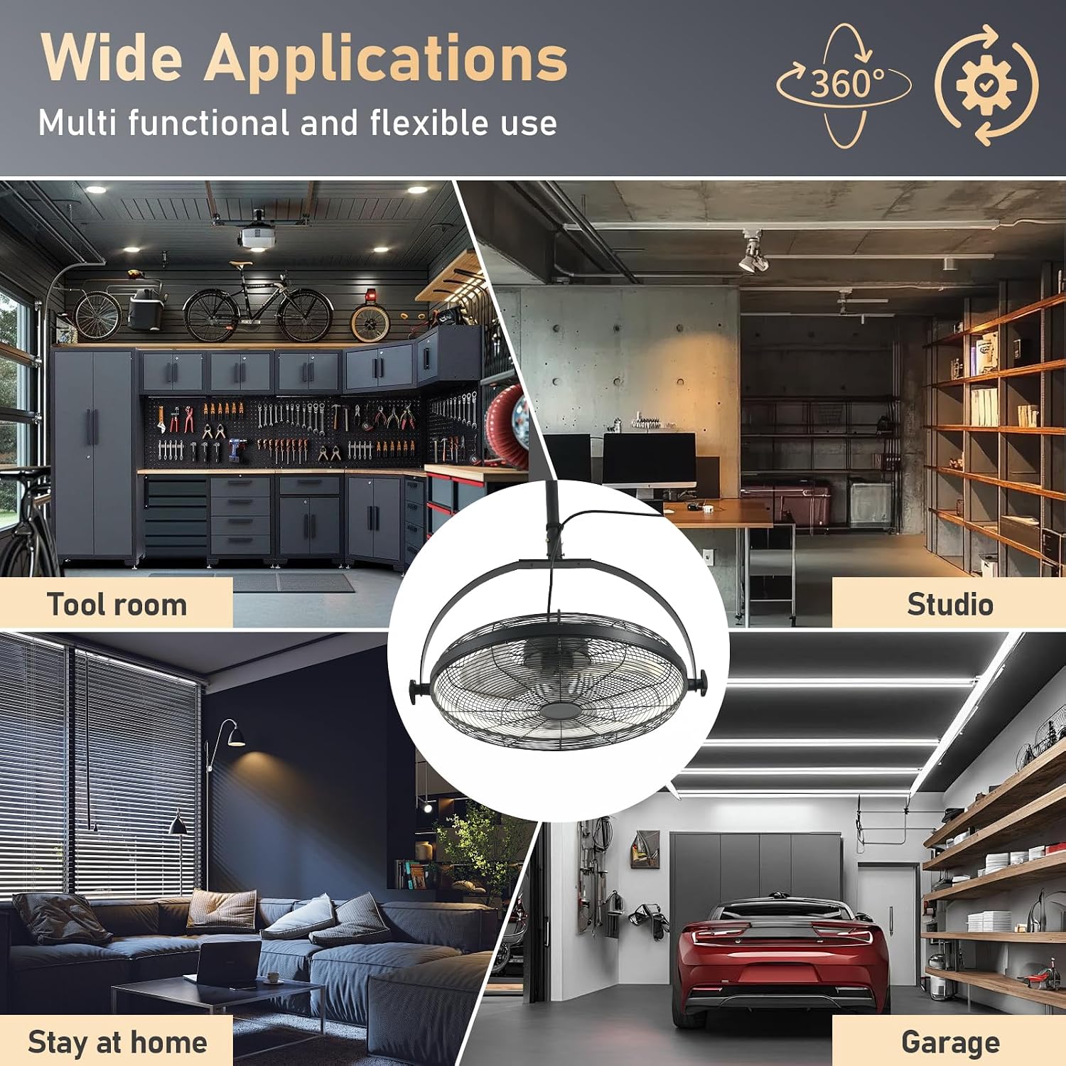 AHAWILL 22.8' Outdoor Hanging Ceiling Fan with Light - 360 Rotatable Fixed Angle,Plug-in,3CCT Dimmable,6 Speeds,Timer & Reversible,2-in-1 Hanging/Standing,Ideal for Gazebos,Patios,Tool Room,Garage.