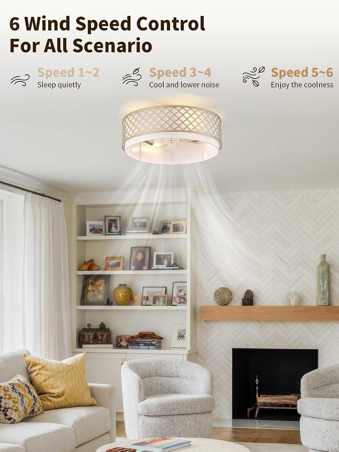 20' Gold Flush Mount Ceiling Fan with Light, Boho Ceiling Fans with Lights, Enclosed with Remote Control 6 Speeds for Living Room, Bedroom, Nursery