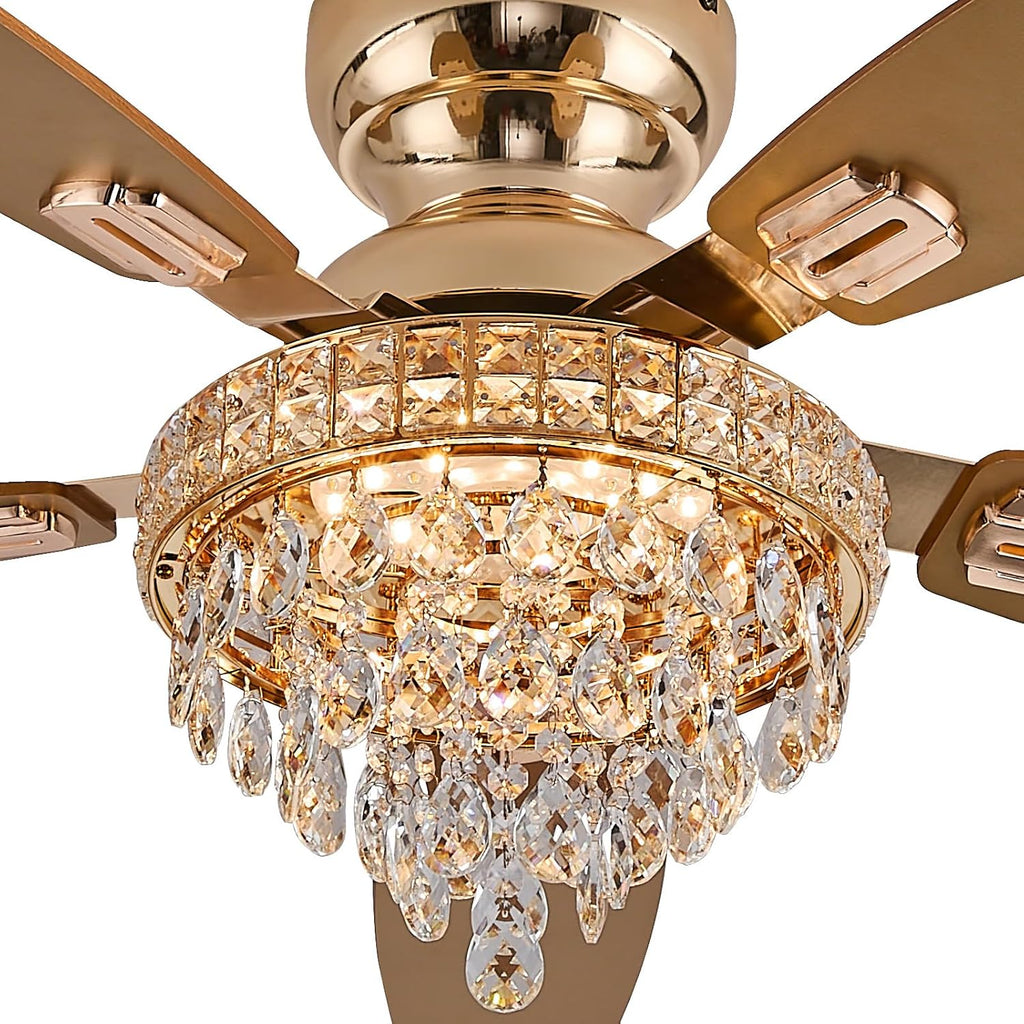 Crystal Ceiling Fan Fandelier with Lights-Ceiling Fans with Lights,50' Low Profile and Remote Control, Flush Mount, Reversible, Dimmable, Noiseless,Gold Ceiling Fan for Bedroom