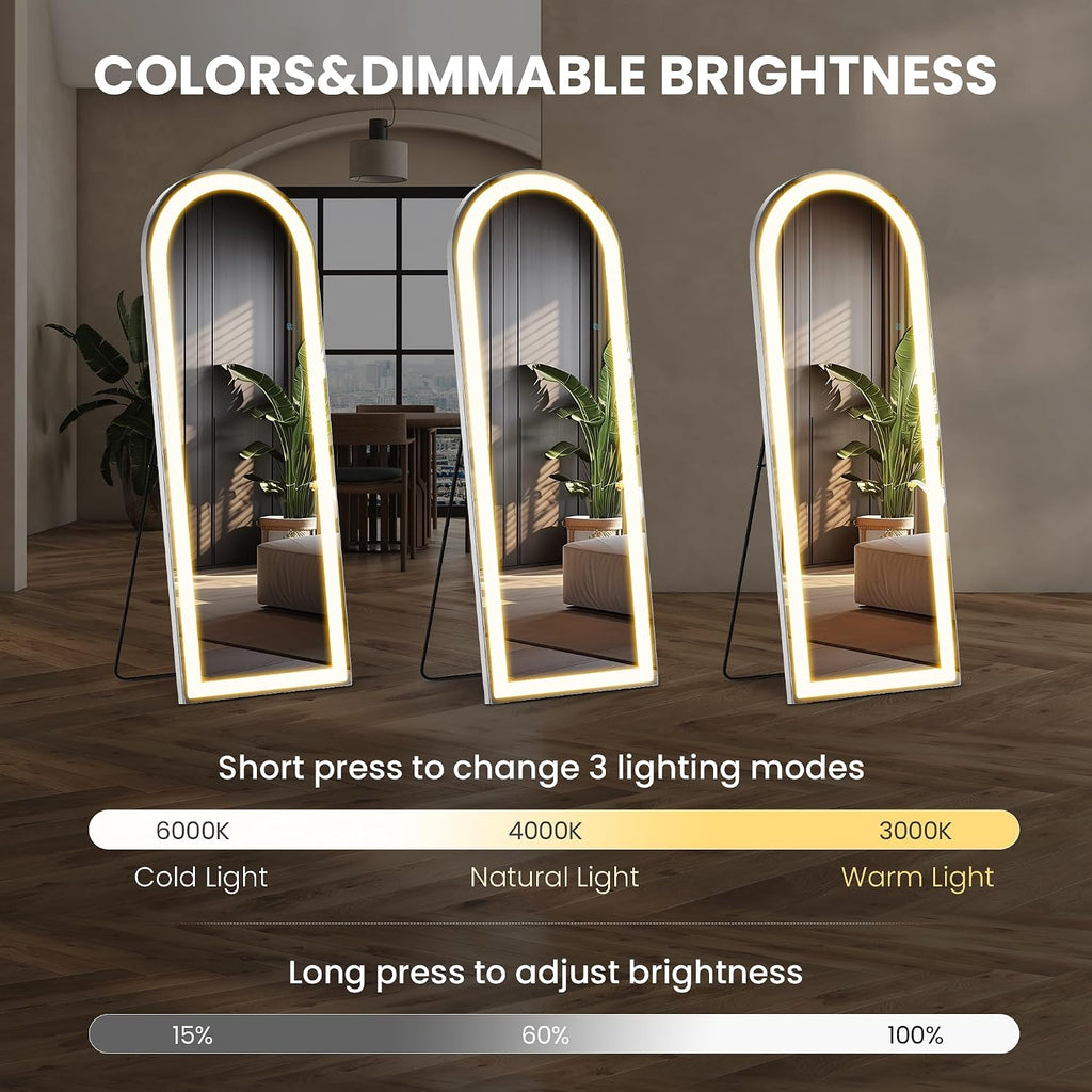 Elevon Full Length Mirror with LED Lights, 71'x26' Floor Mirror with Dimming & 3 Color Lighting, Led Mirrors Full Length with Stand for Bedroom, Dressing Room, Arched