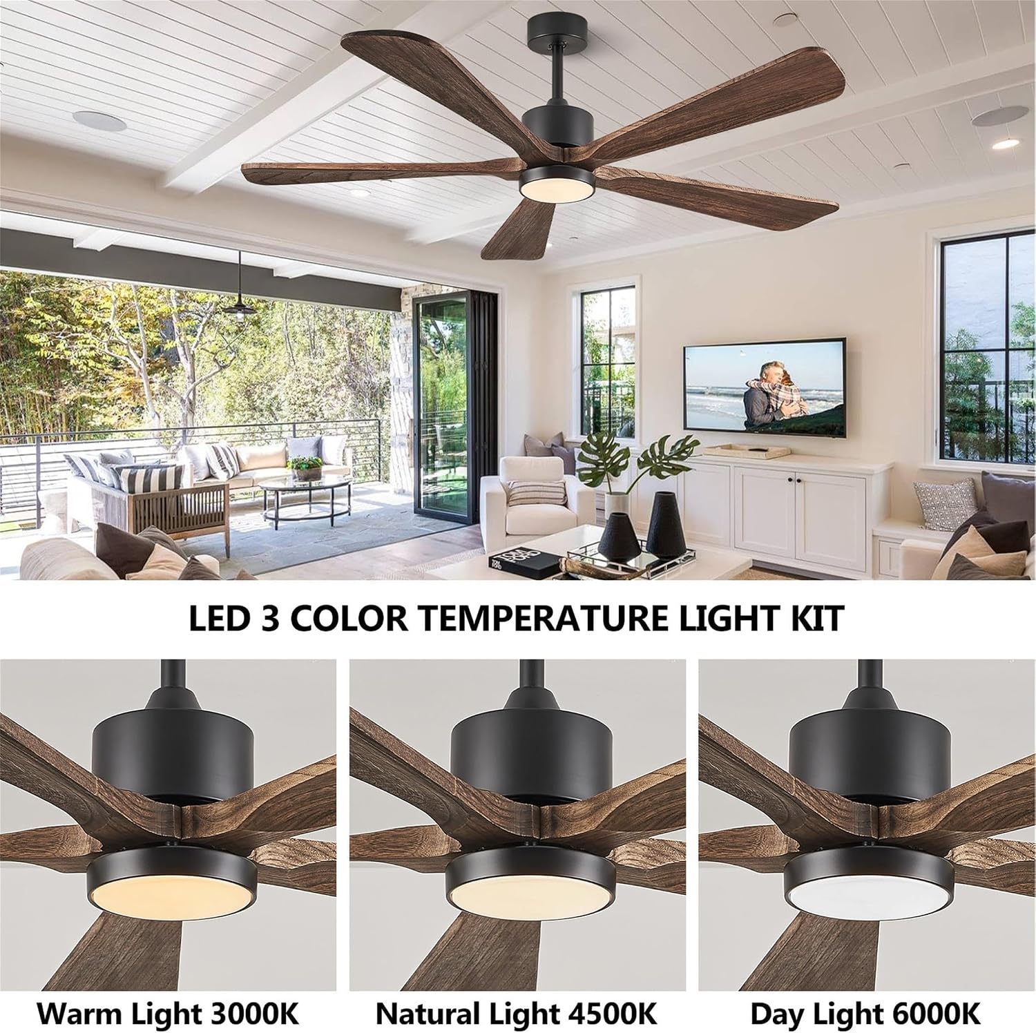 52 Inch Ceiling Fan with Lights, 5 Blade Ceiling Fan with Remote Control, 5 Reversible Solid Wood Blades, 6-Speed Outdoor Fan for Patios Porch Living Room,Dark Brown