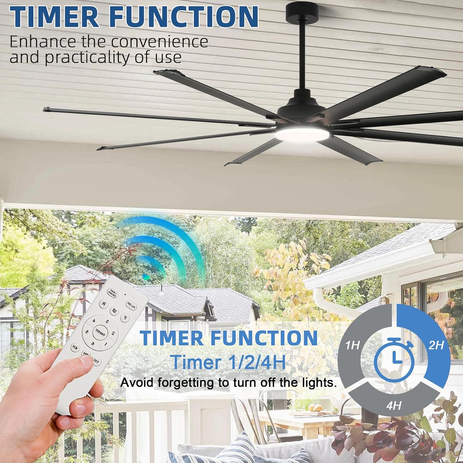 96 Inch Large Industrial Ceiling Fan with Lights, with Reversible Dc Motor, 3 Downrods, 6 Speed Remote Control, 8 Aluminum Blades, Black Outdoor Fans for Shop/Gym/Warehouse/Garage