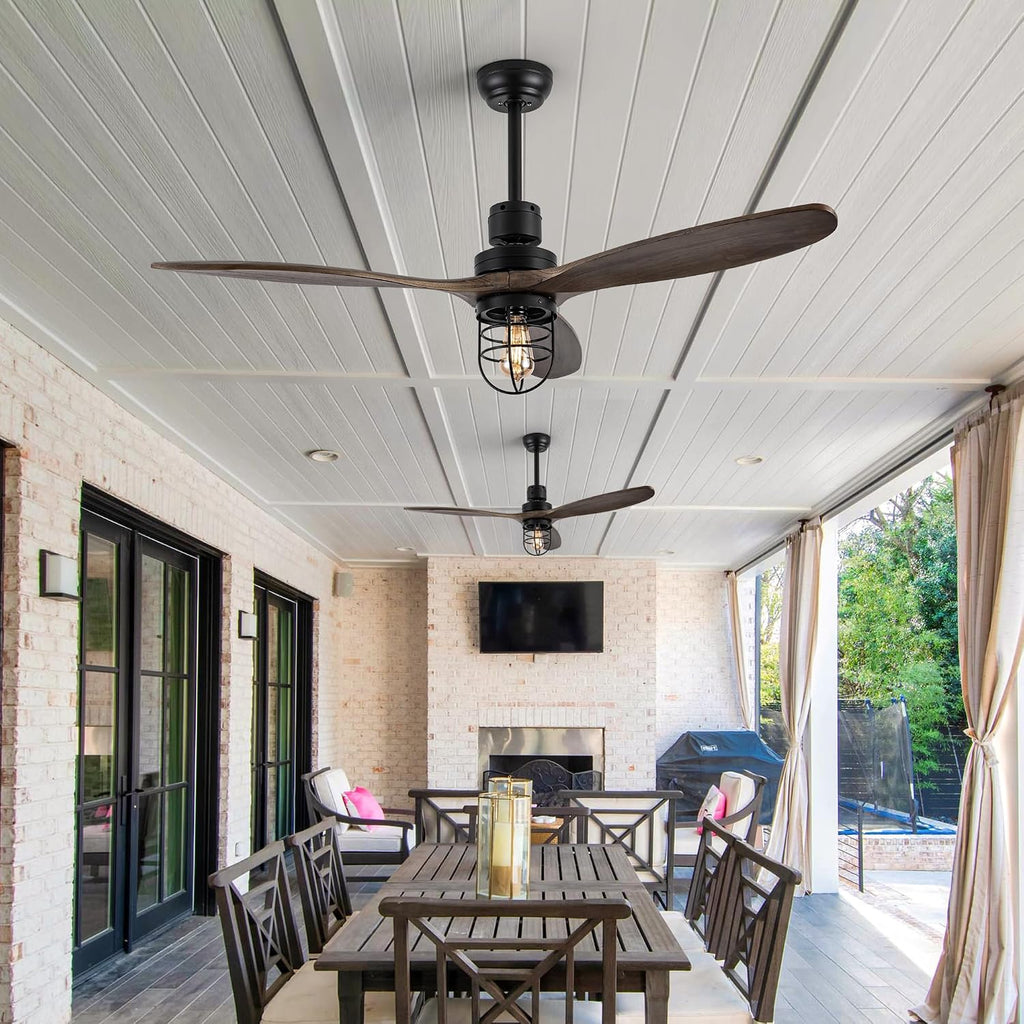 WWM 52 Inch Rustic Outdoor Ceiling Fan with Light and Remote, 3 Wood Blades, Include Bulbs Modern Black Farmhouse Industrial Ceiling Fan for Outdoor Ceiling Fans for Patios,Porch,Bedroom